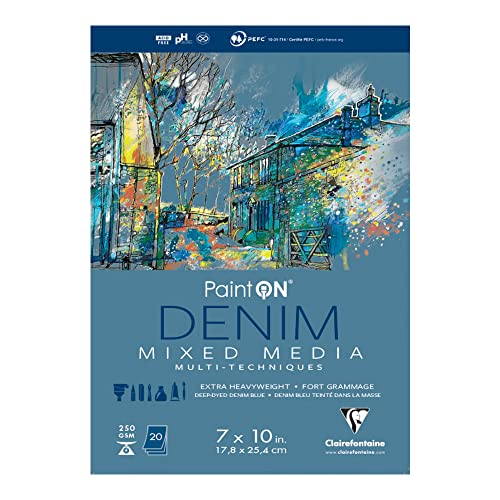 Clairefontaine - Ref 975384C - Paint'ON Mixed Media Denim Glued Pad (20 Detachable Sheets) - 17.8 x 25.4cm (7 x 10in), 250gsm Heavyweight Paper (USA Version) - color: denim, size: 7 x 10 inches