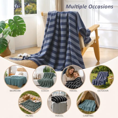 EMME Cotton Muslin Blanket Couch 4-Layer Breathable Gauze Soft Lightweight Bed Blankets Adults Dark Navy Queen (90" x 90") - color: Dark Navy, size: Queen (90" x 90")