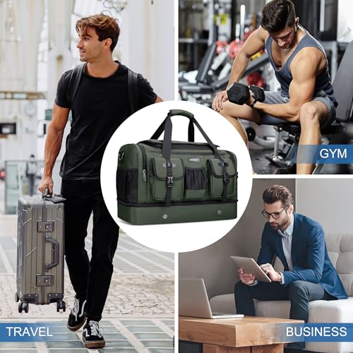 WITZMAN Duffle Bag for Men 55L Nylon Travel Weekender with Shoe Compartment - color: Classic Green