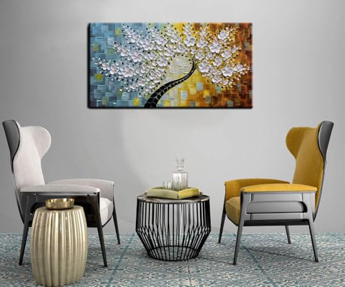 YaSheng Art-Handmade White Flower Contemporary Art Oil Painting On Canvas 3D Texture Abstract Tree Paintings Modern Home Bedroom, Dining Room, Wall Art Decor Ready to Hang20x40inch - color: YS-0010, size: 40"L x 20"W