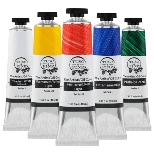 Tusc & Pine Artist Oil Paint - 40 ml Set of 5 - Basic Colors - Non-Yellowing, Rich & Creamy Consistency, Maximum Pigment Load, Small Batch Milled Oil Paints Developed for Professional Artists - color: Basic Colors, size: 6.75 Fl Oz (Pack of 1)