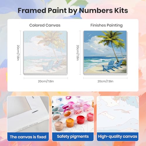 HEIBAGO 4 Pack Seascape Framed Paint by Numbers Kit for Adults Beginner, Adult Paint by Number Kits Beach, DIY Paint by Numbers for Adults,Small Easy Acrylic Oil Painting for Wall Decor 8 x 8 Inch - color: Beach