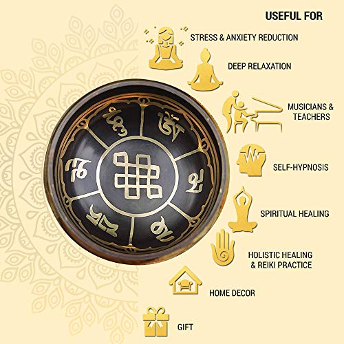 Tibetan Singing Bowl Set Bronze - Master Healing Grade - With Tibetan Thangka Art - Pure Tone By HIMALAYAN BAZAAR (Black & Yellow) - color: Black - Yellow