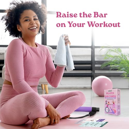 Zinsk 75 Pilates Bar Exercise Cards – Create Home Workouts that Sculpt and Tone – 3" x 5" Cards with Full Instructions – Includes Getting Started Pamphlet with 8 Pre-Made Routines