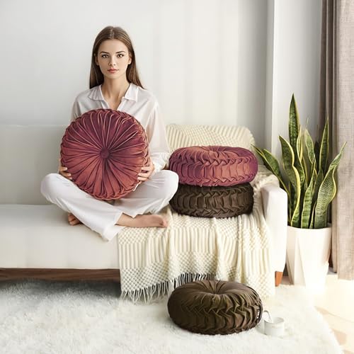 HIG Set of 2 Chocolate Velvet Decorative Round Pleated Throw Pillows - color: Chocolate