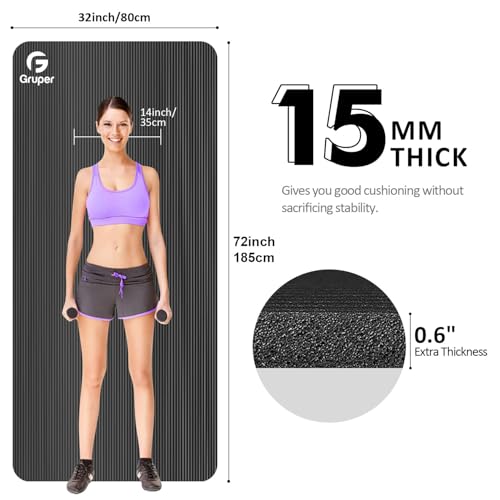 Gruper Yoga Mat Non Slip NBR Extra Thick Yoga Mat, 72"L x 32"/24"W x 0.6"/0.4"TH (185cm x 80cm/61cm x 15mm/10mm), Anti-Tear Exercise Mat with Carrying Strap and Bag, Workout Mats for Yoga, Pilates - color: Black, size: 72 x 32 x 0.6 inches