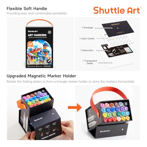 Shuttle Art Brush Tip Alcohol Markers, Dual Tip Brush & Fine Tip Art Marker Set, 24 Colors Marker Pens with Case Perfect for Illustration Kids Students Adults Coloring Sketching - color: 24 Colors