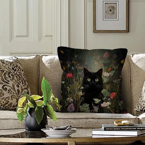 Black Cat Pillow Cover 18x18, Cottage Core Cat Decor, Cottage Core William Morris Floral Gothic Pillow Covers for Couch Bedroom Home - color: Black Cat