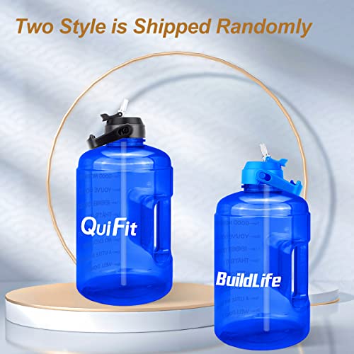 QuiFit 1 Gallon Water Bottle - with Straw & Motivational Time Marker Leak-Proof BPA Free Reusable Gym Sports Outdoor Large(128OZ/73OZ) Capacity Water Jug - color: QFB18 Blue, size: 128 Ounces