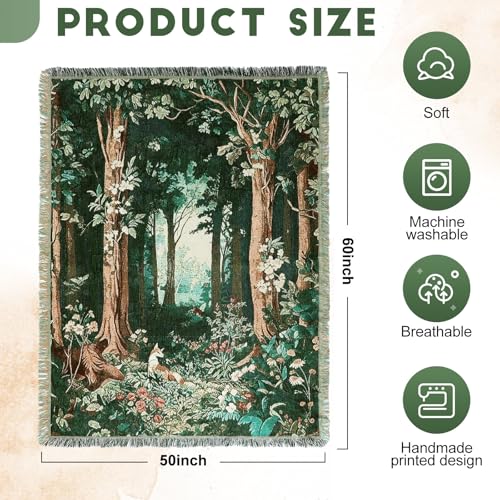 Moukeren 60 x 50 Inch Forest Woven Tapestry Blanket with Colorful Tassels Nature Tapestry, Woodland Cozy Throw for Couch Sofa Chair, Wall Hanging Home Decor Gift - style: Enchanted Forest