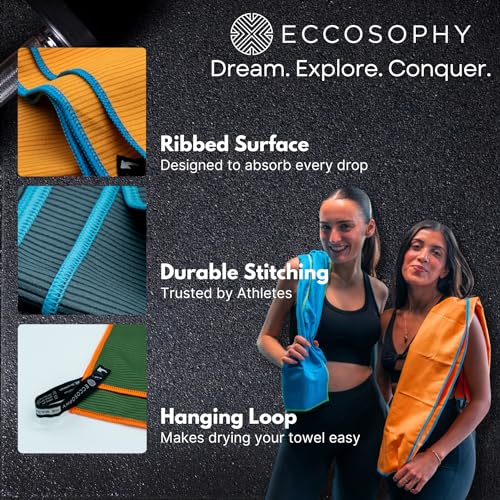 ECCOSOPHY Microfiber Beach Towel, Quick Dry Gym Towel, Sand Free, 40x20 | Ribbed texture, super absorbent, lightweight, quick dry, hanging loop, pouch, travel pool yoga fitness, Azure - color: Azure, size: Small (40"x20")