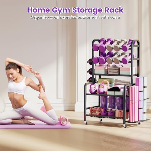 Homeiju Dumbbell Rack, Weight Rack for Home Gym, Yoga Mat Storage Holder with Lockable Wheels, Dumbbell Stand with Hooks, All in One Work out Equipment Storage for Yoga Mat Dumbbell and Balls - size: 5-Tier