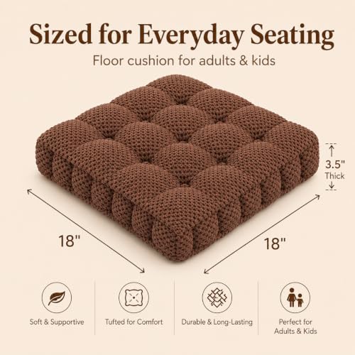 ChezMax Floor Pillow & Cushion, Large Meditation Chair Cushion, Thick Square Seat Pad, Soft Velvet Tufted Seating Pouf for Indoor/Outdoor Yoga Bench Rocking Chair Room Tatami Sofa, Coffee 18"x18" - color: Coffee M