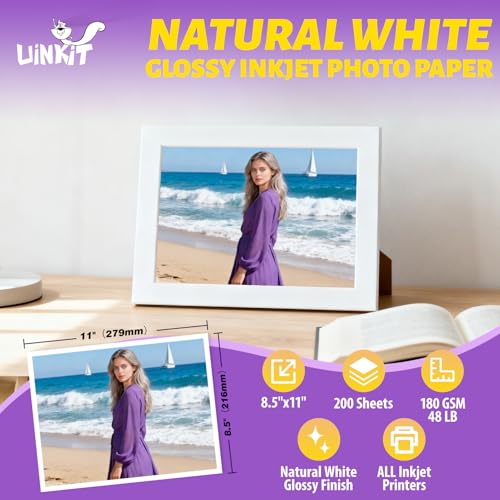 Uinkit Bright White Single Sided Glossy Photo Paper - 8.5x11 Letter Size 180gsm (48lb), 200 Sheets Bulk Pack Instant Dry Dye Inkjet Paper, Smudge Resistant Professional Printing Papers Bulk Use - size: 8.5x11x200, style: White Glossy