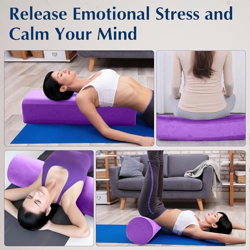 2-Pack Yoga Bolster Pillow Set: Rectangular & Cylinder Pillows for Meditation and Support, Yoga Pillows with Washable Velvet Cover, Triple-Layer Sponge with Carry Handle, Purple - color: Purple
