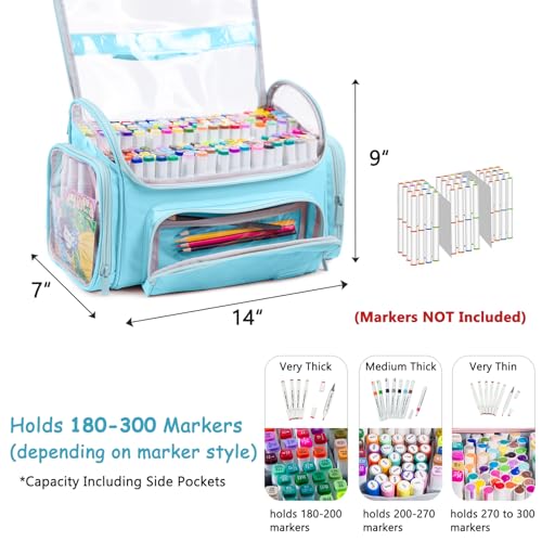 Large Marker Organizer Case Holds 200-300 Markers | Art Marker Storage Bag with Removable Dividers & Clear Top for Artists, Crafters & Travel - Pen, Pencil Alcohol Marker Holder - Art Supply - color: Blue, size: Large for 200-300 Markers