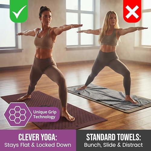 Clever Yoga Hot Yoga Mat Towel – Non-Slip Grip for Hot Yoga, Sweat Absorbent, Honeycomb Silicone Grip, Stays Flat – Ideal for Pilates, Travel, Washable & Lightweight - Burgundy - color: Burgundy