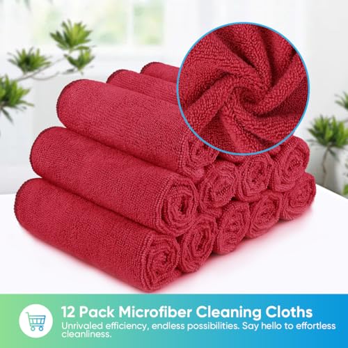 HOMEXCEL Red Microfiber Cleaning Cloth, Microfiber Towels for Car, 12 Pack | Lint Free Cleaning Rags for Household, Kitchen, Car Wash Towels for Detailing Drying, Scratch-Free, 11.5"X 11.5" - color: Red