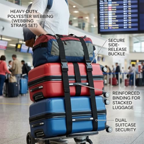 Black Luggage Strap Multiple Connector, Adjustable Bag Strap for Travel - size: 45Inch