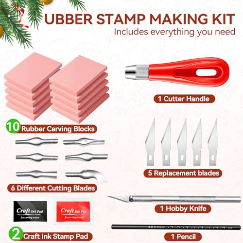 WAYCOM 10-Pack Linoleum Blocks for Printmaking: Linocut kit with Tools & Ink - 4x6 Rubber Carving Blocks - Art Craft Supplies for Beginners & Hobbyists - Gifts for Christmas/Birthday/Art Enthusiast - color: 10 Rubber Blocks + Carving Tool Kit