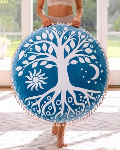 Hihealer Meditation Cushion, Large Velvet Floor Pillow for Yoga, Meditation | Round Memory Foam Bolster Pillow, 36" Mandala Boho Cushion, Supportive & Ergonomic - color: Blue