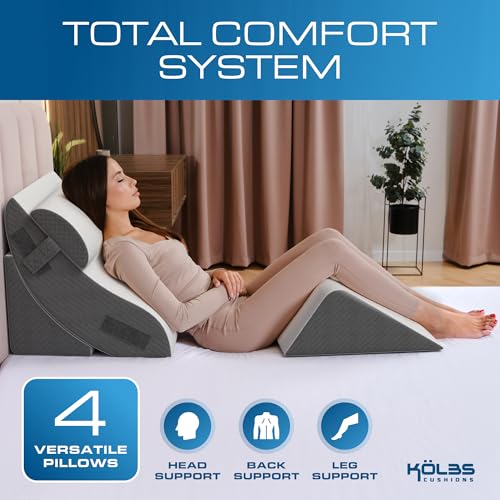 Kolbs 4pcs Orthopedic Bed Wedge Pillow Set | Stylish Chic Plush Velvet Cover | Post Surgery Body Pillow, Wedge Pillows For Sleeping | Acid Reflux and Gerd Wedge Pillow For Sleeping (4 Piece Wedge Set) - size: 4 Piece Wedge Set - Grey