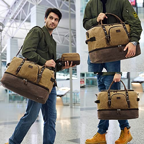 Nerlion Weekender Bag with Shoe Compartment Large Overnight Bag for Men Canvas Genuine Leather Carry on Luggage Bag Travel Duffel Bag(Brown) - color: Brown