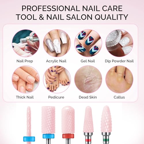 MelodySusie Ceramic Nail Drill Bits Set, 3/32'' (2.35mm) Professional Acrylic Nail File Drill Bit for Manicure Pedicure Cuticle Gel Nail Polishing, 5Pcs, Pink - color: Pink, size: 5 Piece Set