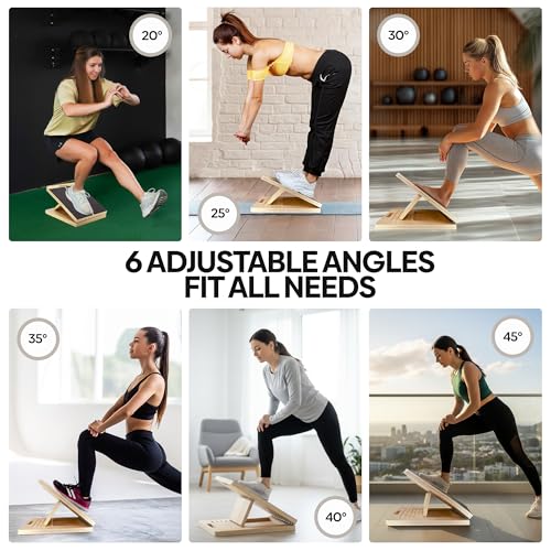 Wooden Slant Board for Calf Stretching - 6 Adjustable Angles, 400 Lbs Capacity Calf Stretcher Slant Board for Squats, Knees, Ankle, Leg, Heel & feet, Squat Wedge & Physical Therapy Equipment