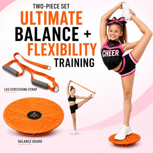 Cheer Flyer Stunt Trainer Balance Board & Leg Stretching Strap 2 Pc Set | For cheer flyers, dance, ballet, gymnastics, flexibility, stability, core strength and home practice