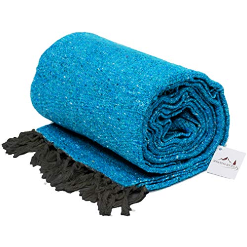 Open Road Goods Solid Color Mexican Yoga Blanket – Large Handwoven Throw for Yoga, Beach, Camping or Home – Soft and Durable Cotton Blend - color: Blue Blanket