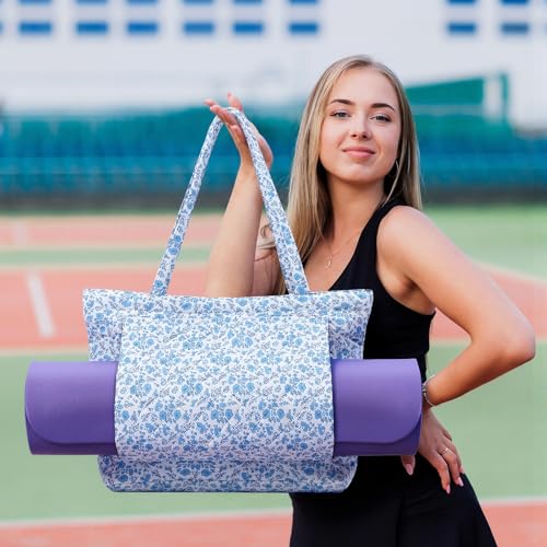 Sadnyy Blue Floral Quilted Yoga Bags with Mat Pocket for Women, Cute Cotton Floral Yoga Tote Carrier with Shoulder Strap, Ideal for Pilates, Travel, Office, Beach & Workout