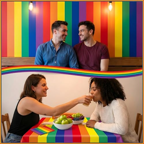 100FT x 54IN Rainbow Plastic Tablecloth Roll with Slide Cutter Box | Heavy Duty Disposable 6-Color Gay Pride Table Cover Wall Backdrop, Cut-to-size for Pride Month and Inclusive Celebrations - color: Rainbow, size: 1200" x 54" (Rectangular)