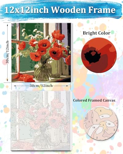 TOCARE Framed Paint by Numbers Kit for Adults Beginners, 12x12inch Red Flower Paint by Number with Frame,Easy Window Flowers Poppies Paint by Numbers Framed Canvas (Without Easel) - color: TC-F-219