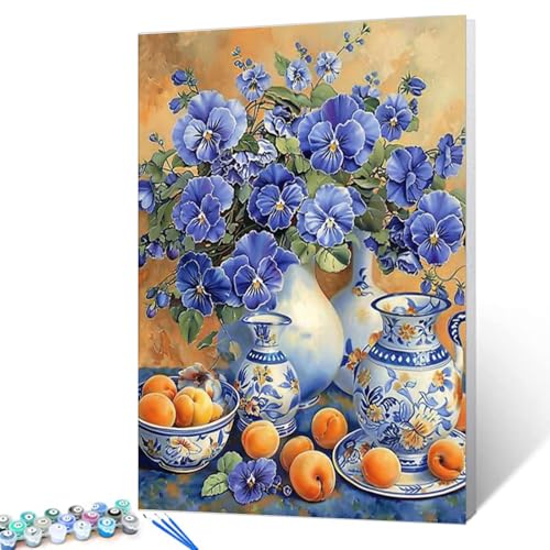 Flower Paint By Bumbers For Adults Beginner Bule Flowers Vase DIY Paint by Numbers Acrylic Paint Canvas Vintage Exquisite Bedroom Decor Painting Kits Flower Furit Art 16x20 Inch (without Frame ) - color: Wine Fruit 04, size: 16''x20''(Frameless)
