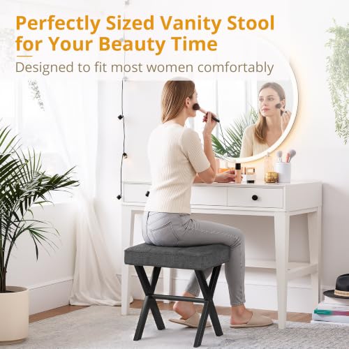 LUE BONA Vanity Stool, Square Linen Makeup Stool with Metal X Legs, Small Ottoman Stool Chair for Vanity, Modern Padded Vanity Seat Foot Rest Stool for Makeup Room, Living Room, Bathroom, Carbon Gray - color: Carbon Gray