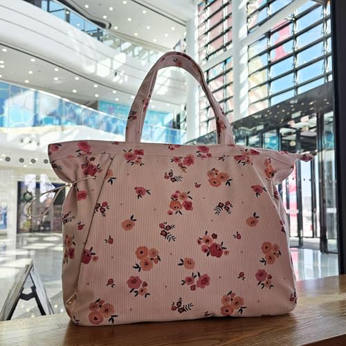ESVAN Corduroy Yoga Tote Bag Gifts for Women Drawstring Yoga Mat Bag for Office Workout Travel Carryall Pilates Gym - color: Beige Pink Flower