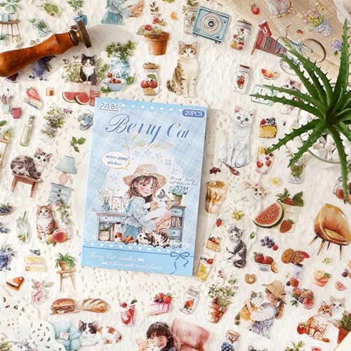 Cat Series Sticker Scrapbooking Supplies for Junk Journal, 20 Sheets PET Stickers - color: Cat Series