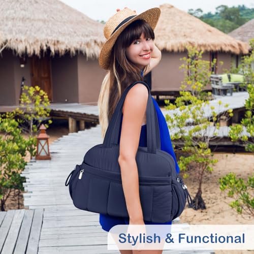 TOPDesign Travel Duffel Bag for Women, Puffer Gym Bag Sports Tote with Wet Pocket, Carry On Weekender with Luggage Sleeve (Navy Blue) - color: Navy Blue