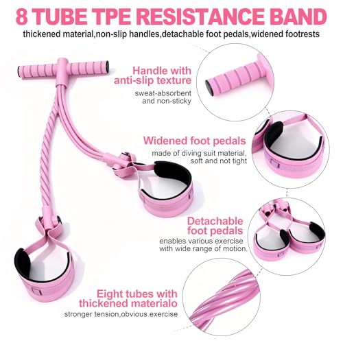 Pedal Resistance Bands with Handles, Separated 8-Tube Multifunction Exercise Bands, Yoga Tension Rope, Natural Rubber Elastic Equipment for Abdomen, Waist, Arm, Leg Stretching - color: Pink