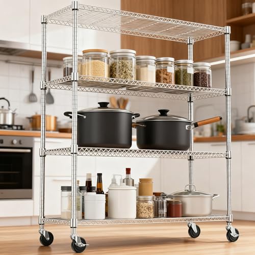 M MZG 1400LBS 47.2" W 4 Tiers Storage Shelves Metal Shelving Unit with Wheels Heavy Duty Garage Shelving Adjustable Wire Shelves for Pantry,Kitchen,Garage,Basement,Chrome 17.7" D x 47.2" W x 62.6" H - color: Chrome, size: 4 Tiers, 17.7"D x 47.2"W x 62.6"H