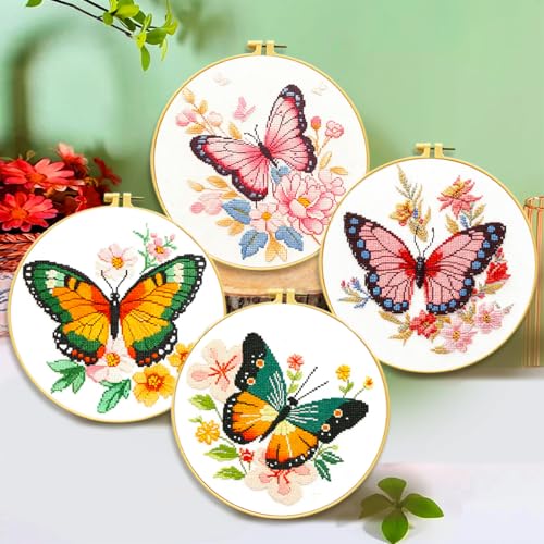 Zhenqing 4 Butterfly Floral Cross Stitch Kit, 11CT Printed Fabric with Hoop | 4 butterfly floral designs with 11CT printed fabric, floss, one hoop, tools and English guides. - color: 4 Butterfly Kit