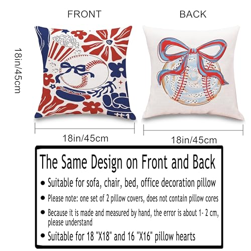 Baseball Coquette Pillow Covers Set of 2, 18x18 inches Double-Sided Aesthetic Bow Throw Pillows, Soft Flannel Decorative Cushion Case for Softball Mom Girls Bedroom Couch Decor, Sports Theme Gifts - color: White52