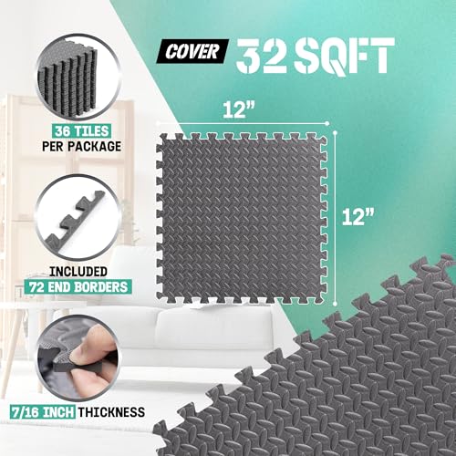 Yes4All EVA Interlocking Mats, Puzzle Floor Tiles, Foam Floor Padding with Border for Furniture, Home Space, Living Room, Garage 11,15,32,99 SQFT - color: Grey, style: 7/16" Thickness, 32 SQFT
