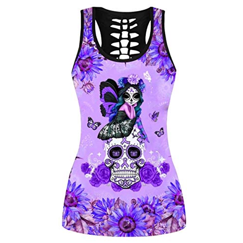 Women’s Sugar Skull Yoga Outfits for Women 2 Piece Sets, Summer Tank Tops Leggings Workout Activewear for Girls - color: Purple-d, size: Large