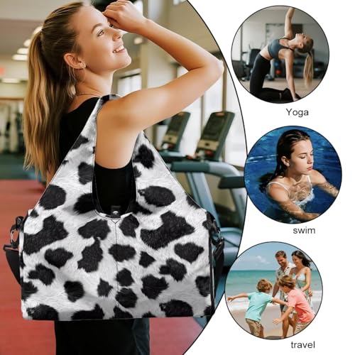 Gym Bag with Yoga Mat Holder Large Tote Bag With Multi Pockets for Women Men Dry Wet Separated Pocket Carryall Yoga Tote Bag for Pilates Travel Workout Office - color: Cow Leopard Print