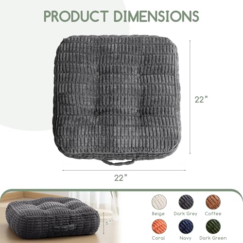 HIGOGOGO 6" Floor Pillow Cushion for Adults, Meditation Cushion Pillow, Blended Corduroy Cover, Large Square Floor Sitting for Tatami Living Room or Yoga, 22x22 Inch, Dark Grey - color: Square Dark Grey, size: 6" Thick(Pack of 1)