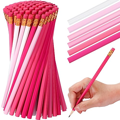 TecUnite 60 Pcs HB Pencils #2 Unsharpened Wood Cased Pencils with Eraser Hexagonal Pencil Cute Graphite No 2 Pen for Adults Gifts Exam School Office Sketching Learning(Pink Series, White) - color: Pink Series, White