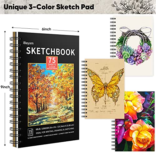 iBayam Art Sketching Drawing Supplies, 3-Color Sketchbook & Coloring Book | 78-pc Professionals art kit, graphite, charcoal, watercolor & metallic pencils, Non-toxic, zip case, Adults Kids Teen Girls - color: 78 Colors