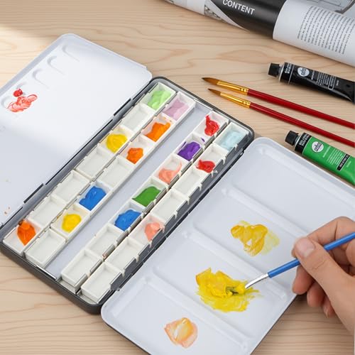 Mr. Pen- Empty Watercolor Paint Palette Tin, Metal Case with 28 Half Pans | Compact Portable & Refillable Travel Watercolor Palette Tin for Acrylic Painting, Gouache & Travel Painting